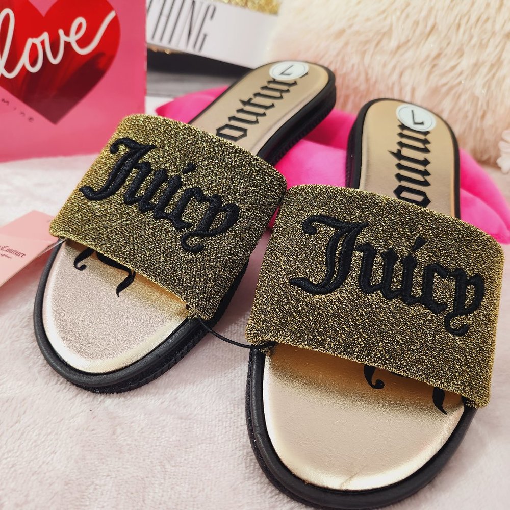 Juicy Couture Gold & Black Sparkle Slides {YUNA} Slippers